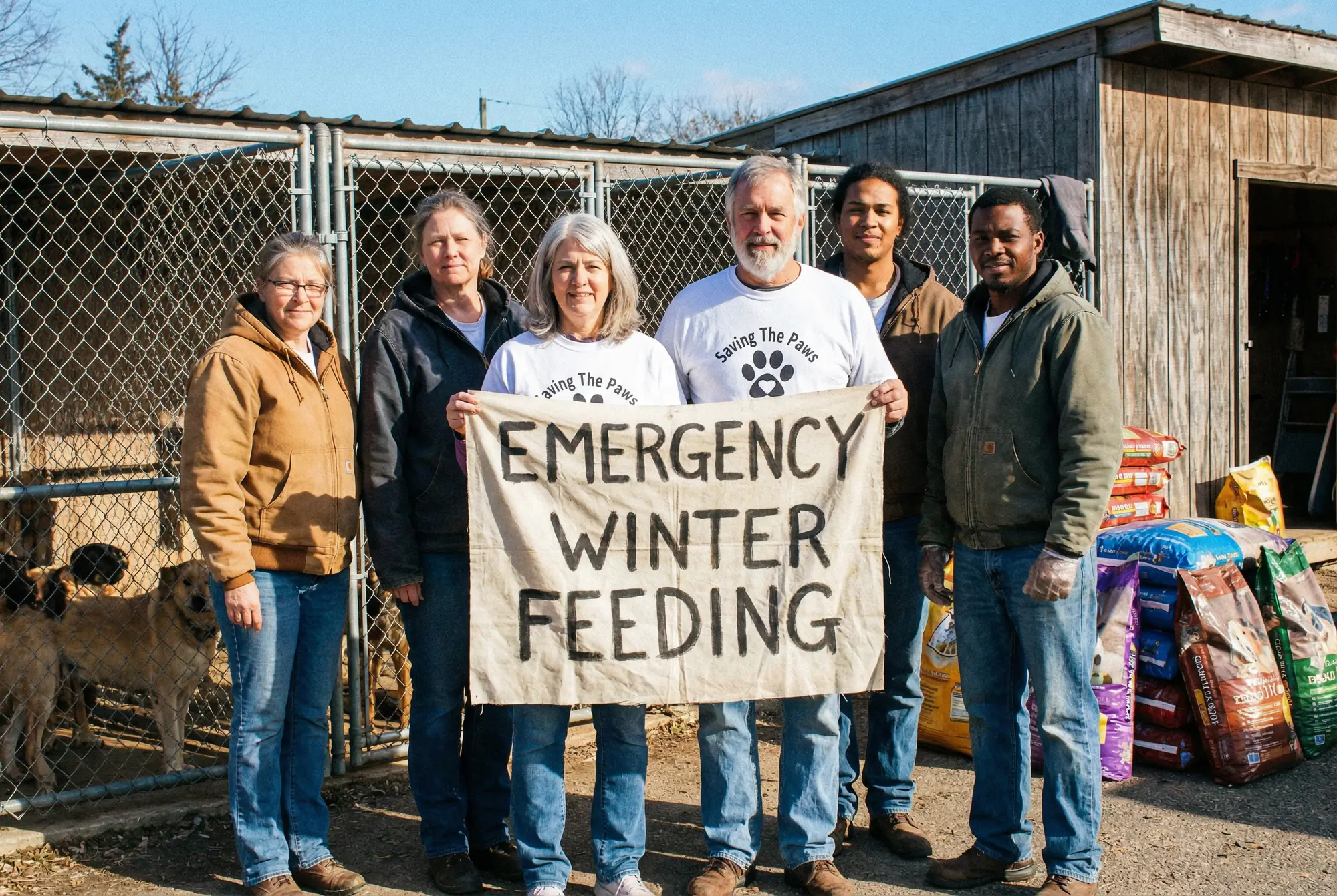 Volunteers feeding dogs